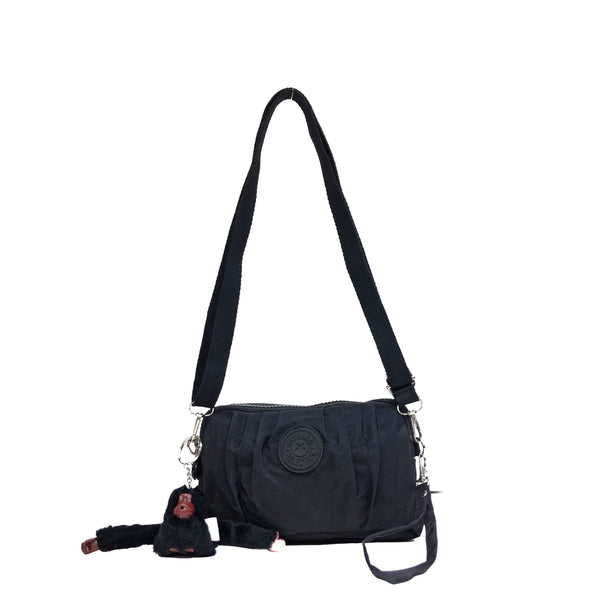 Pleated  Crossbody Bag with Monkey Charm- black