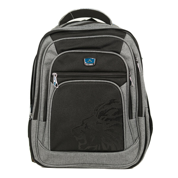 Gray and black backpack with a visible brand logo on a white background