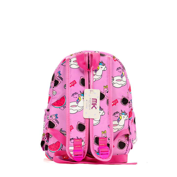 Pink backpack with cartoon designs on a white background