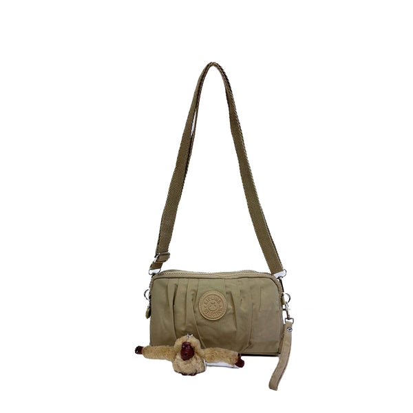 Pleated Crossbody Bag with Monkey Charm - beige