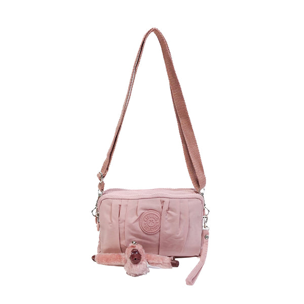 Pleated  Crossbody Bag with Monkey Charm - pink