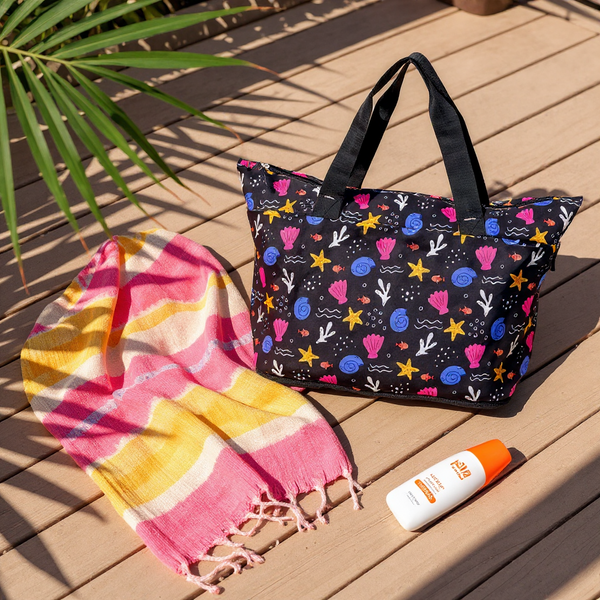 Large Beach Tote with Sea Life Print