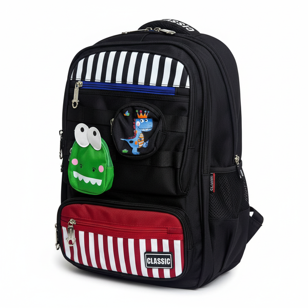 Funny Dinosaur Backpack with Pouches - Black
