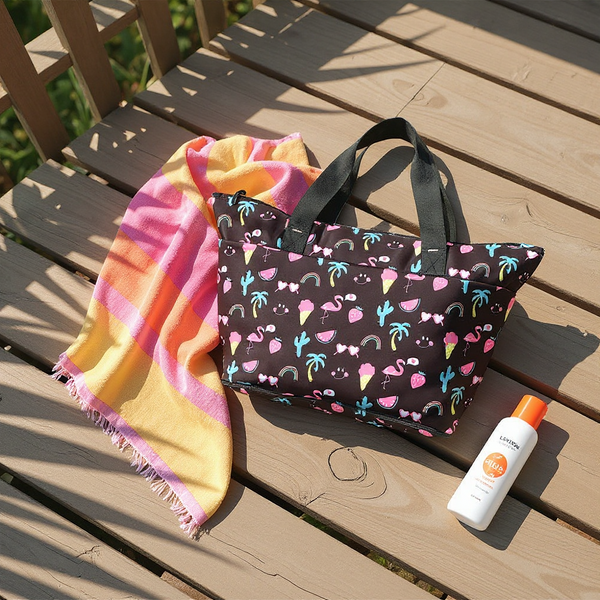 Beach Tote with Summer Icons Print